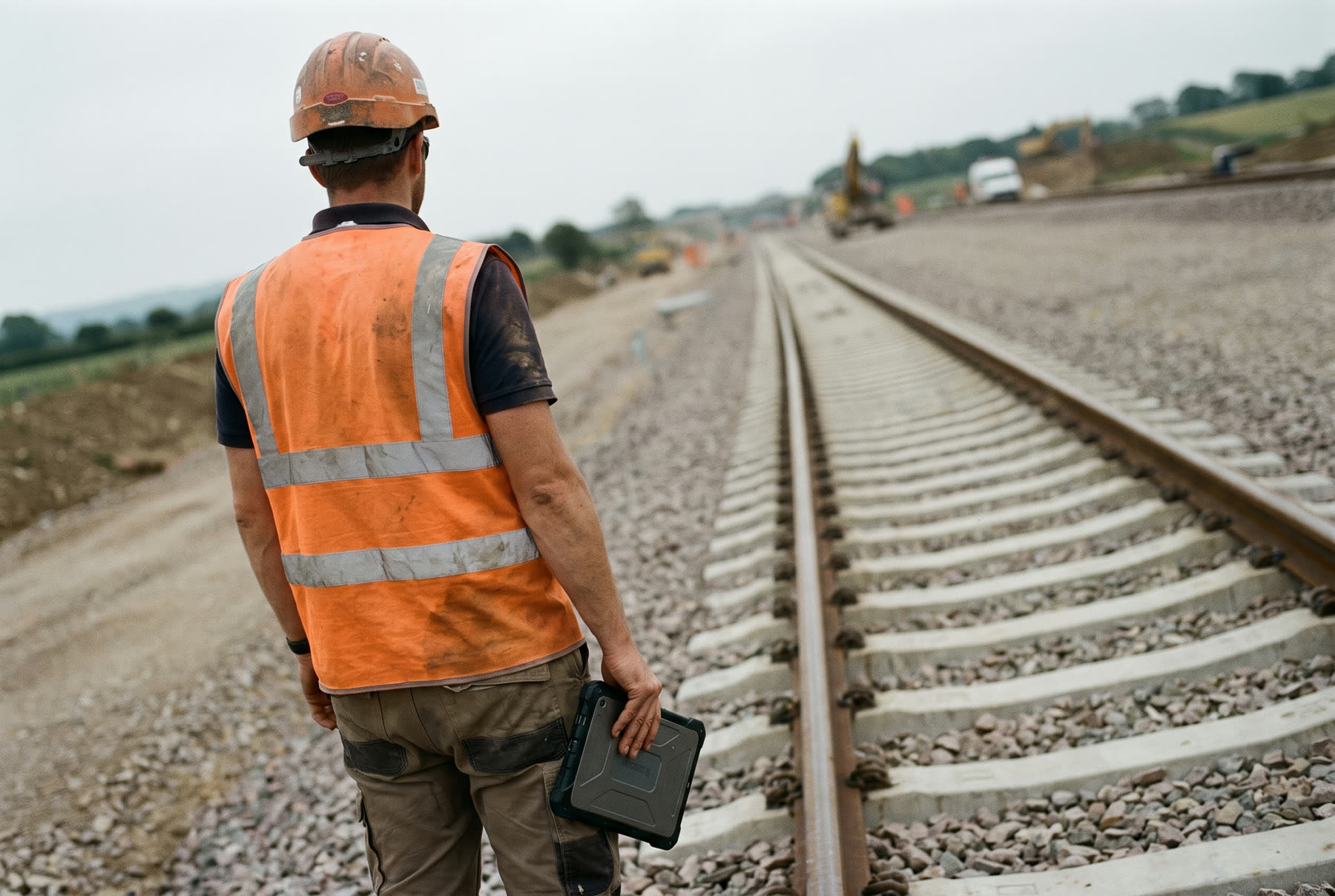 A site engineer on a rail embankment, looking down the line of the works.