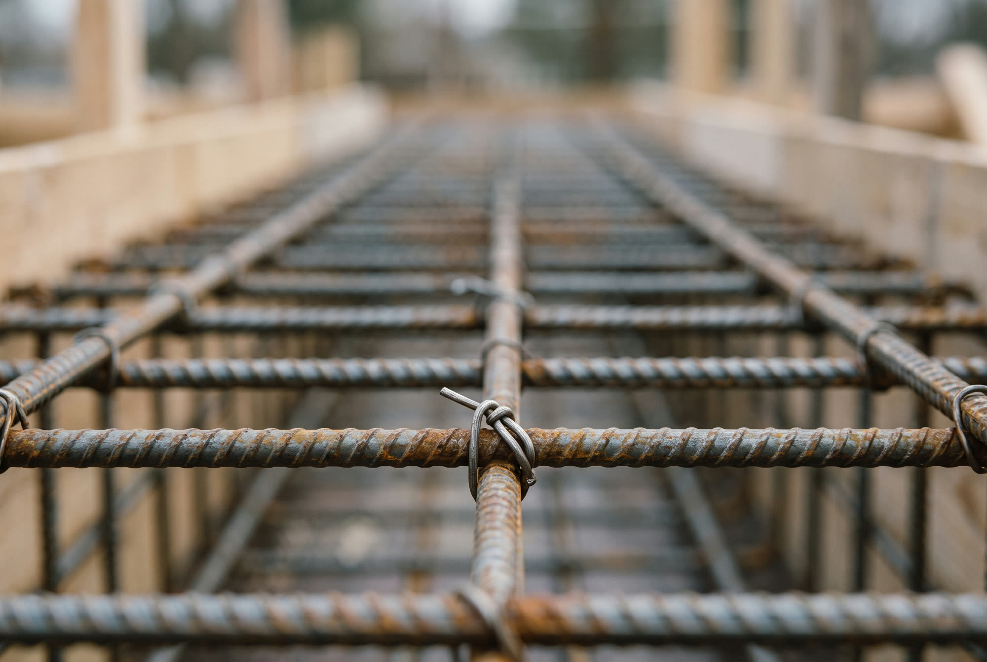 Reinforcement cage tied with wire before a concrete pour.